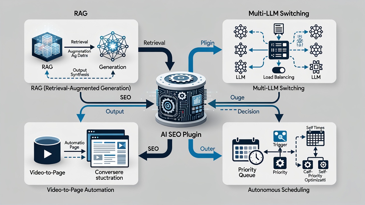 Detailed comparison flowchart of AI SEO plugin features including RAG pipeline, multi-LLM switching, video-to-page automation, and autonomous scheduling