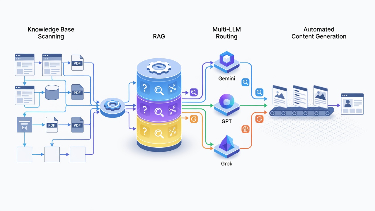 Detailed diagram showing the RAG pipeline in WordPress with knowledge base scanning of pages PDFs and images, multi-LLM routing between Gemini GPT and Grok, and automated content generation flow