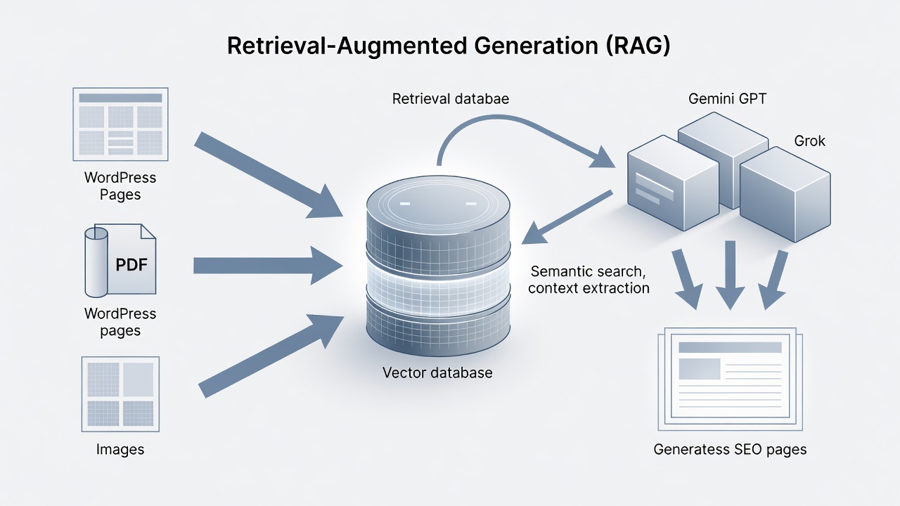 Detailed technical diagram illustrating the RAG workflow in AIRAG pSEO Agent: arrows showing WordPress pages PDFs and images flowing into a vector database then retrieval step feeding context to Gemini GPT and Grok models for SEO page generation