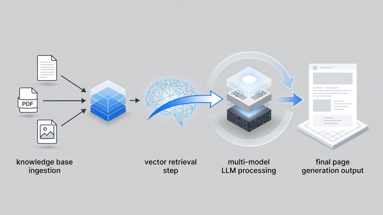 Detailed technical diagram illustrating the RAG workflow inside WordPress: knowledge base ingestion from pages/PDFs/images, vector retrieval step, multi-model LLM processing, and final page generation output.