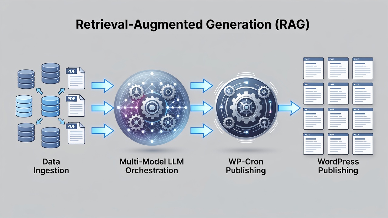 Detailed technical diagram showing the RAG workflow in AIRAG pSEO Agent: data ingestion from databases and PDFs feeding into multi-model LLM orchestration then WP-Cron publishing to WordPress post grids.