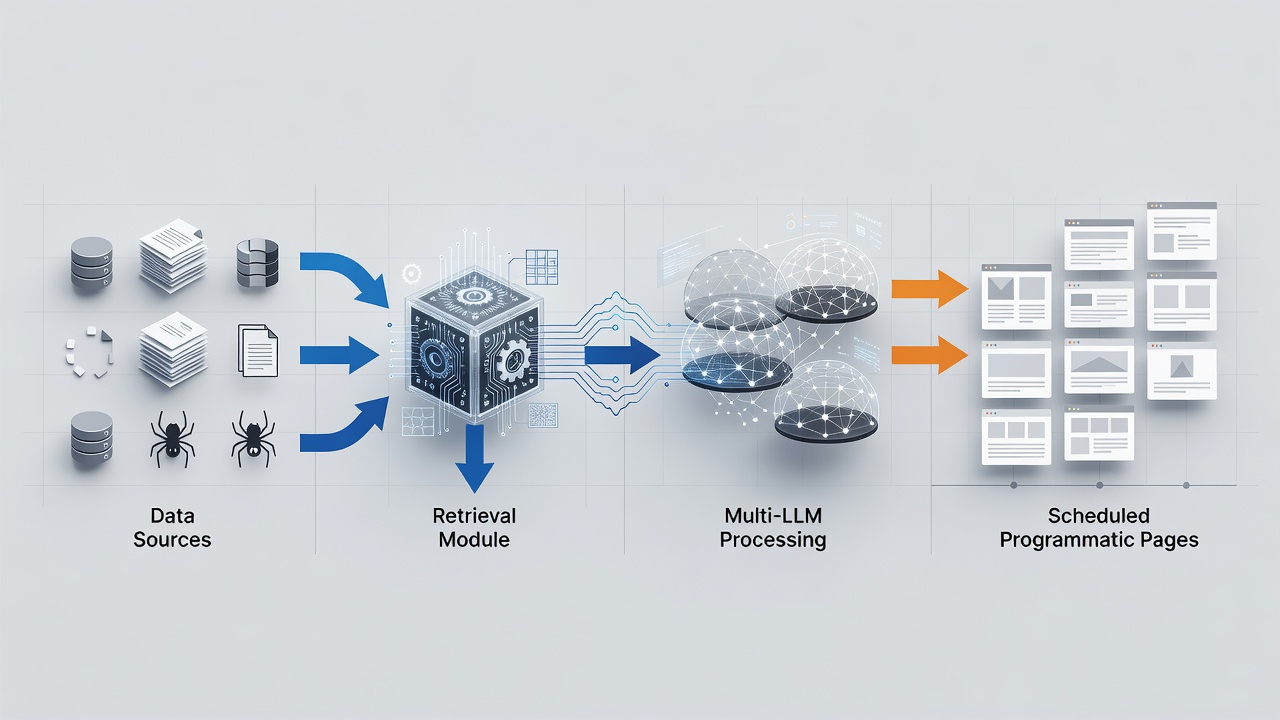 Detailed technical diagram showing the RAG workflow in WordPress: data sources feeding into retrieval module then multi-LLM processing and output to scheduled programmatic pages.