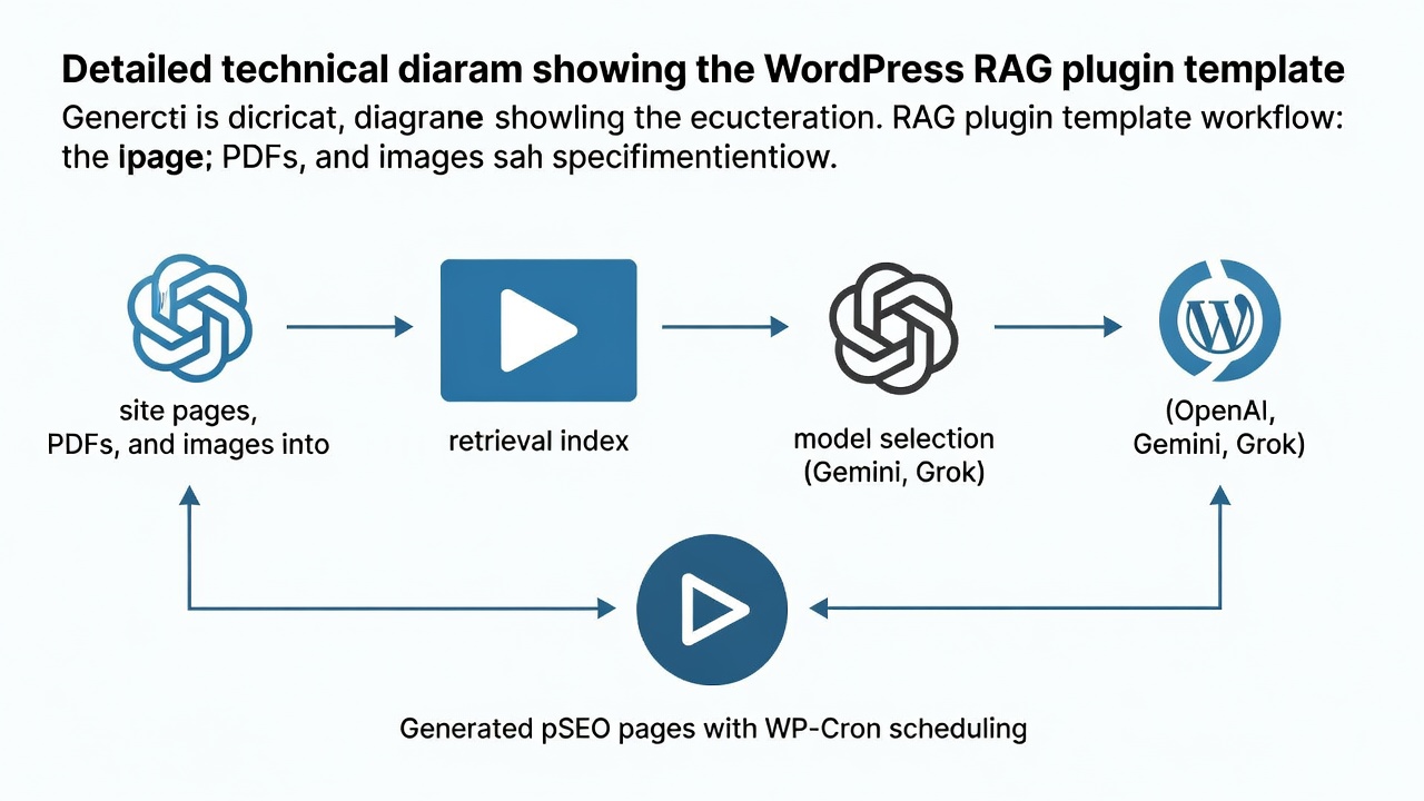 Detailed technical diagram showing the WordPress RAG plugin template workflow: site pages, PDFs, and images flowing into a retrieval index, then to model selection (OpenAI, Gemini, Grok), and finally to generated pSEO pages with WP-Cron scheduling