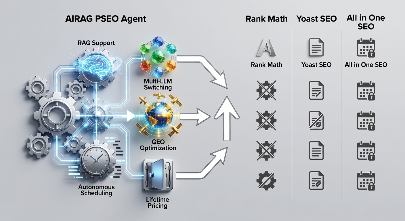 Educational diagram illustrating a side-by-side feature comparison of AIRAG pSEO Agent against Rank Math, Yoast SEO, and All in One SEO, displayed as a clean flowchart with icons representing RAG support, multi-LLM switching, GEO optimization, autonomous scheduling, and lifetime pricing.