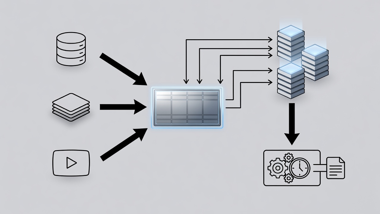 Educational diagram showing data flow from WordPress database, PDFs, and YouTube videos through RAG retrieval into multi-LLM generation and final WP-Cron publishing pipeline