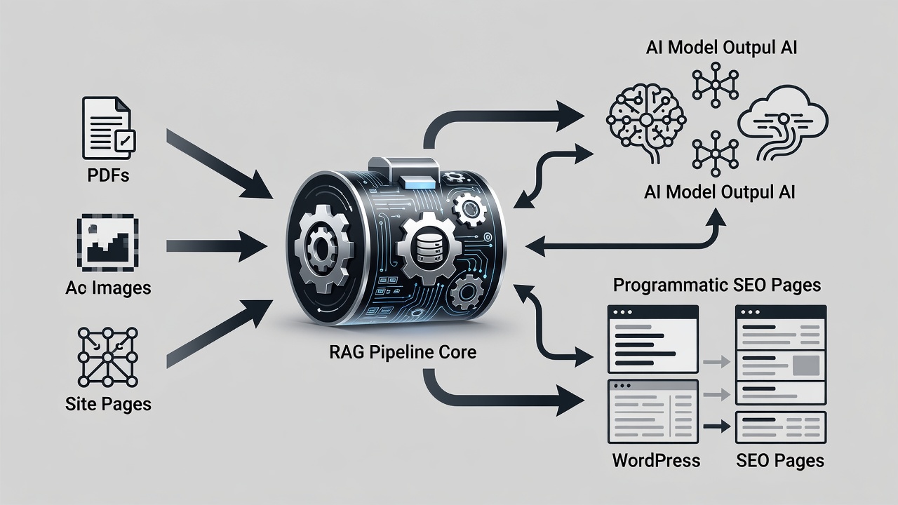 Educational diagram showing RAG data flow from PDFs, images, and site pages into multi-model AI outputs for WordPress programmatic SEO pages