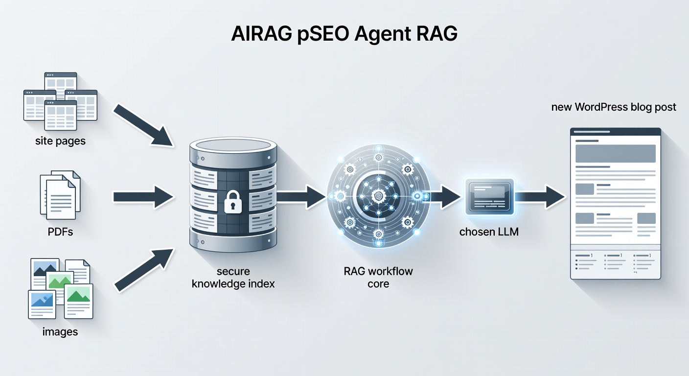 Educational diagram showing the AIRAG pSEO Agent RAG workflow: site pages, PDFs, and images flowing into a secure knowledge index, then combined with chosen LLM (Gemini, OpenAI, or Grok) to produce a new WordPress blog post with citations.