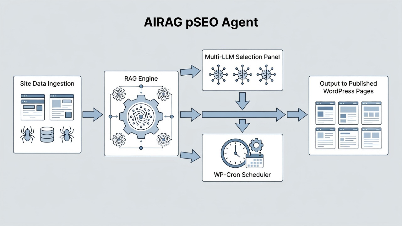 Educational diagram showing the AIRAG pSEO Agent workflow: site data ingestion into RAG engine, multi-LLM selection panel, WP-Cron scheduler, and output to published WordPress pages. Clean technical flowchart style with labeled boxes and arrows.