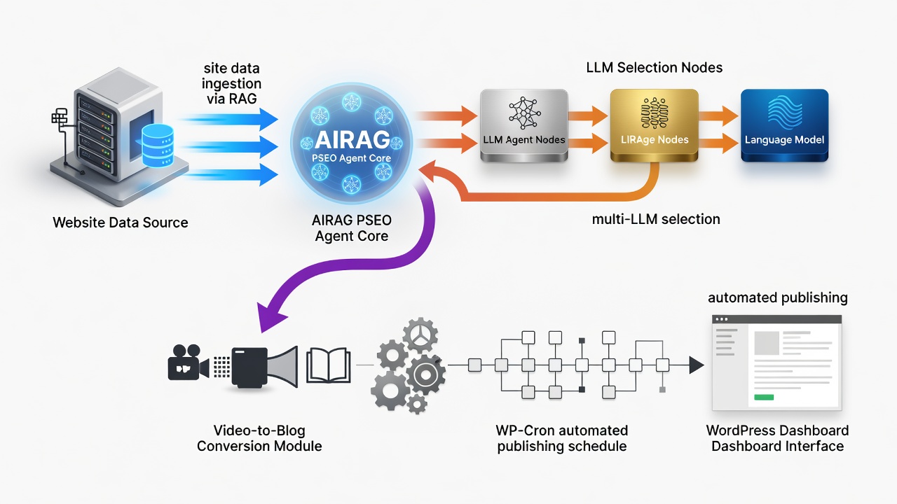 Educational diagram showing the AIRAG pSEO Agent workflow: site data ingestion via RAG, multi-LLM selection, video-to-blog conversion, and WP-Cron automated publishing schedule within a WordPress dashboard interface.