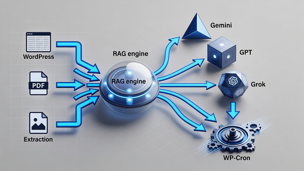 Educational diagram showing the workflow of an AI SEO plugin pulling data from WordPress pages, PDFs and images into a RAG engine then routing through Gemini, GPT and Grok models before publishing scheduled content via WP-Cron.