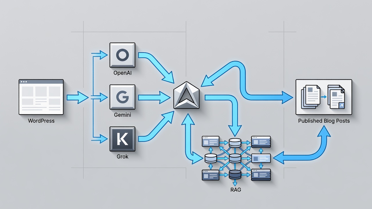 Technical diagram showing AIRAG pSEO Agent multi-model AI workflow with arrows connecting WordPress dashboard to OpenAI, Gemini, and Grok models, then to RAG retrieval from site PDFs and pages, resulting in published blog posts