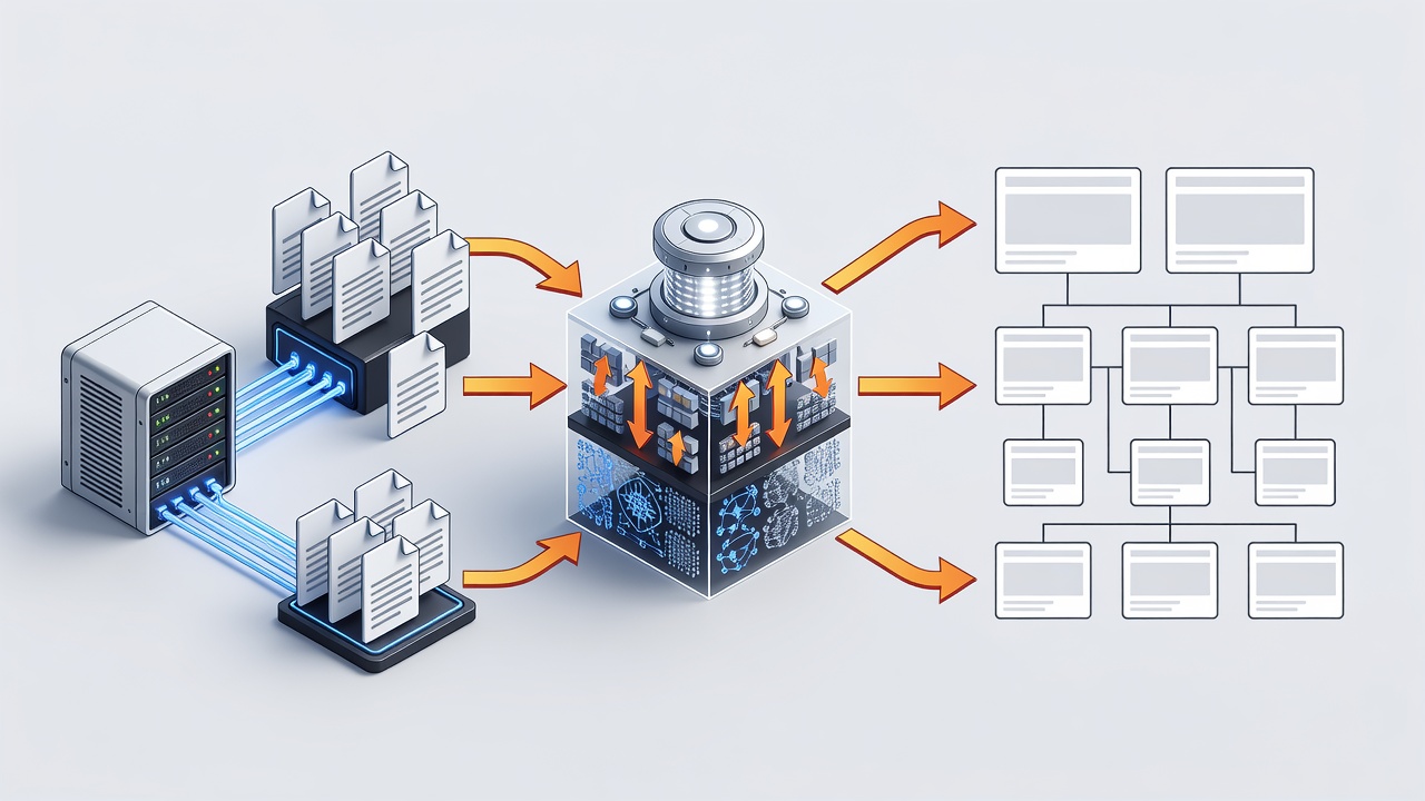 Technical diagram showing RAG data flow from WordPress database and uploaded PDFs through LLM models to generated programmatic SEO landing pages with parent-child silo structure