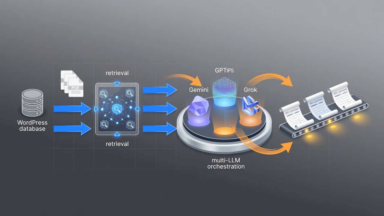 Technical diagram showing RAG retrieval flow from WordPress database and PDFs into multi-LLM orchestration with Gemini, GPT and Grok models producing SEO-optimized articles