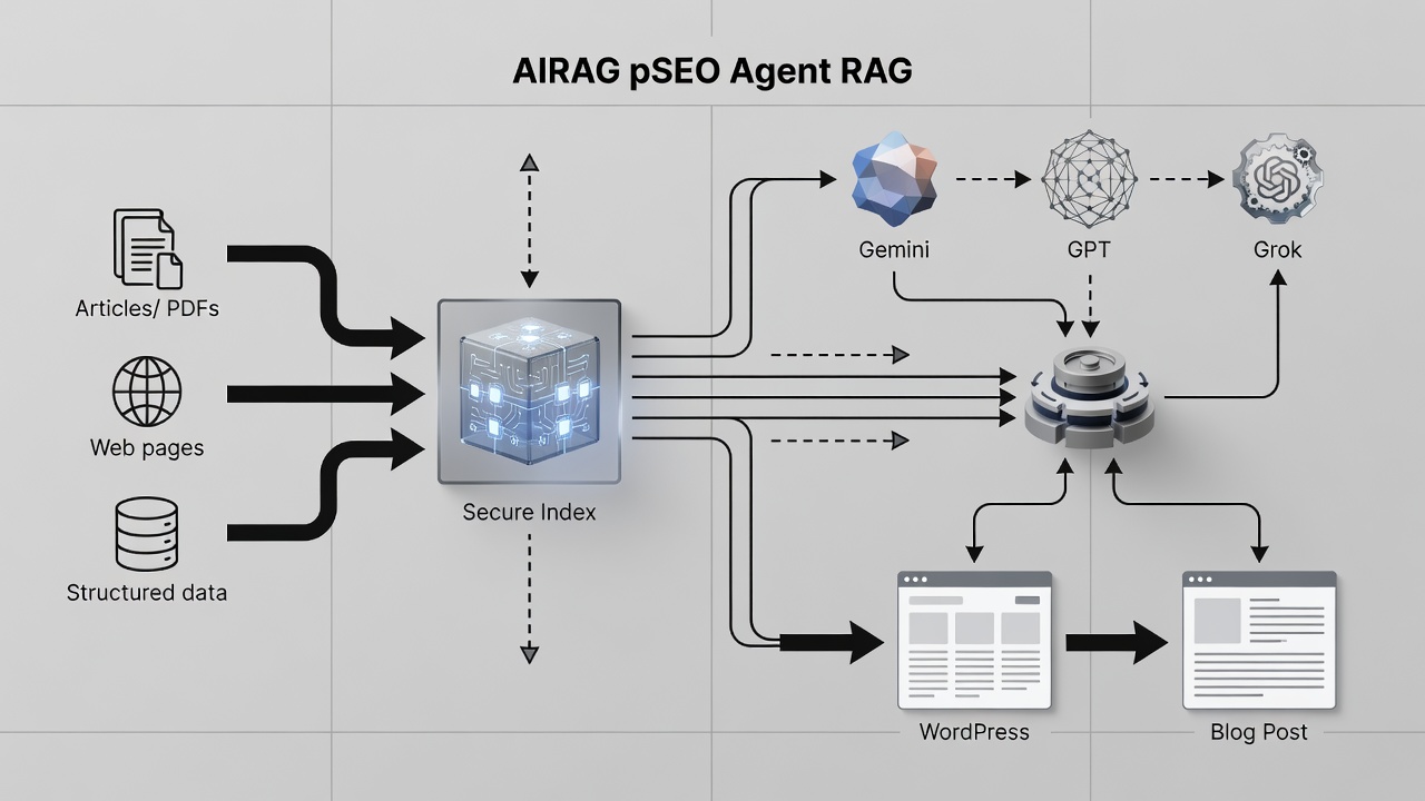 Technical diagram showing the AIRAG pSEO Agent RAG workflow: user content sources feeding into a secure index, then connecting to Gemini, GPT, and Grok models before outputting structured WordPress pages and blog posts