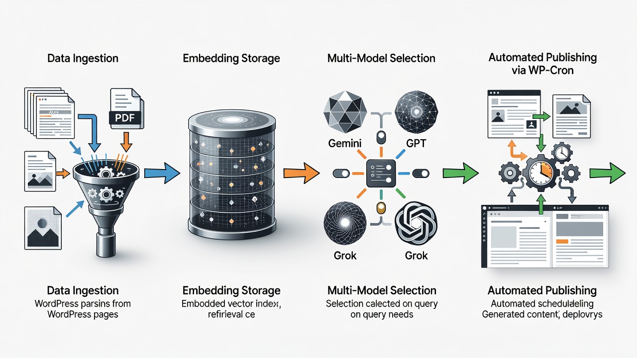 Technical diagram showing the complete RAG pipeline in WordPress: data ingestion from pages/PDFs/images, embedding storage, multi-model selection (Gemini/GPT/Grok), and automated publishing via WP-Cron