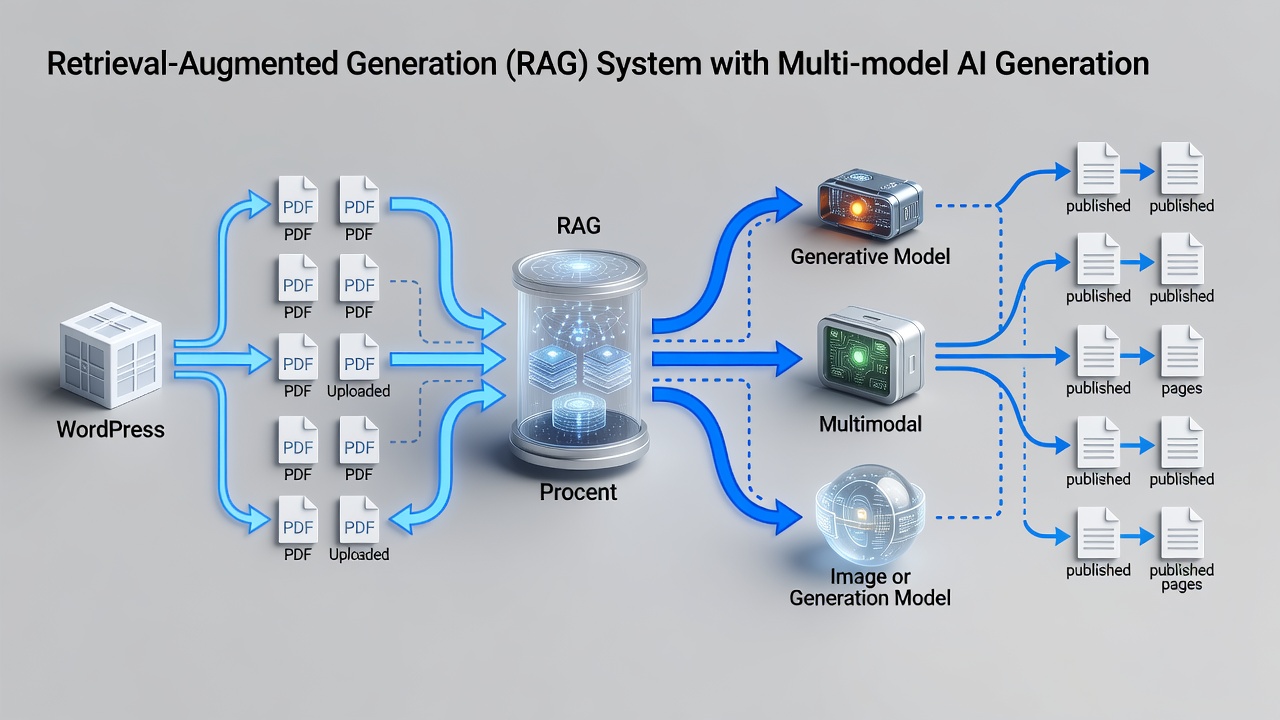 Technical diagram showing the data flow from WordPress site content and uploaded PDFs through RAG processing to multi-model AI generation and published pages.