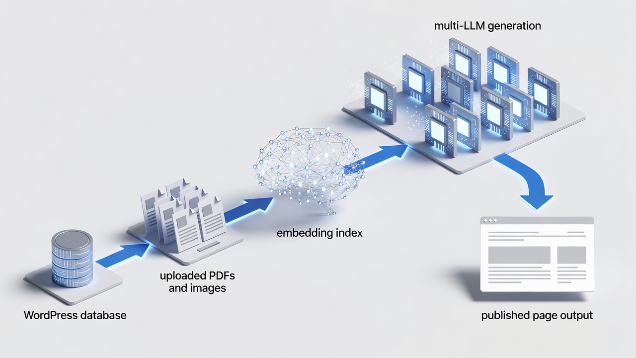 Technical diagram showing the RAG pipeline flow from WordPress database and uploaded PDFs/images through embedding index to multi-LLM generation and final published page output.