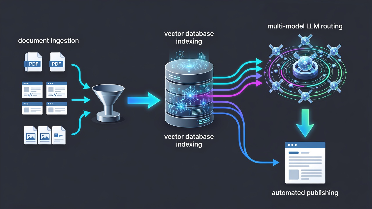 Technical diagram showing the RAG pipeline in AIRAG pSEO Agent: document ingestion from PDFs/pages/images, vector database indexing, multi-model LLM routing, and automated publishing to WordPress posts