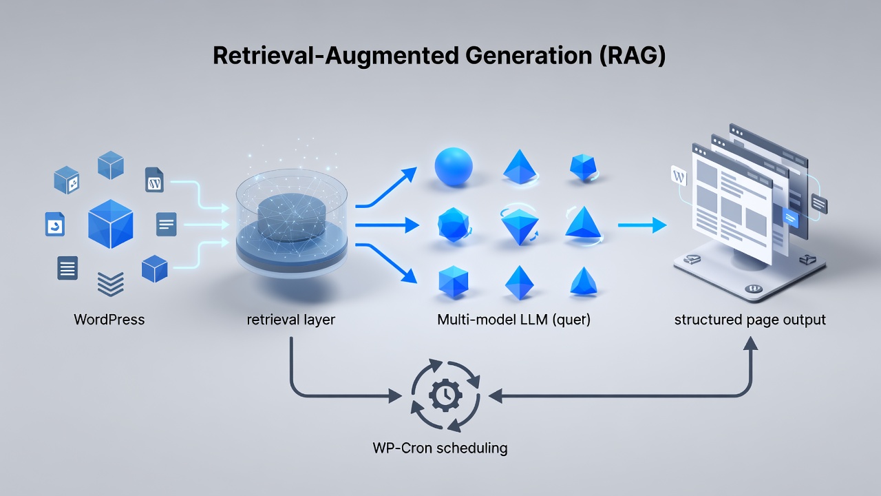 Technical diagram showing the RAG pipeline inside WordPress: site data sources flowing into a retrieval layer, then into multi-model LLM selection, and finally into structured page output with WP-Cron scheduling.