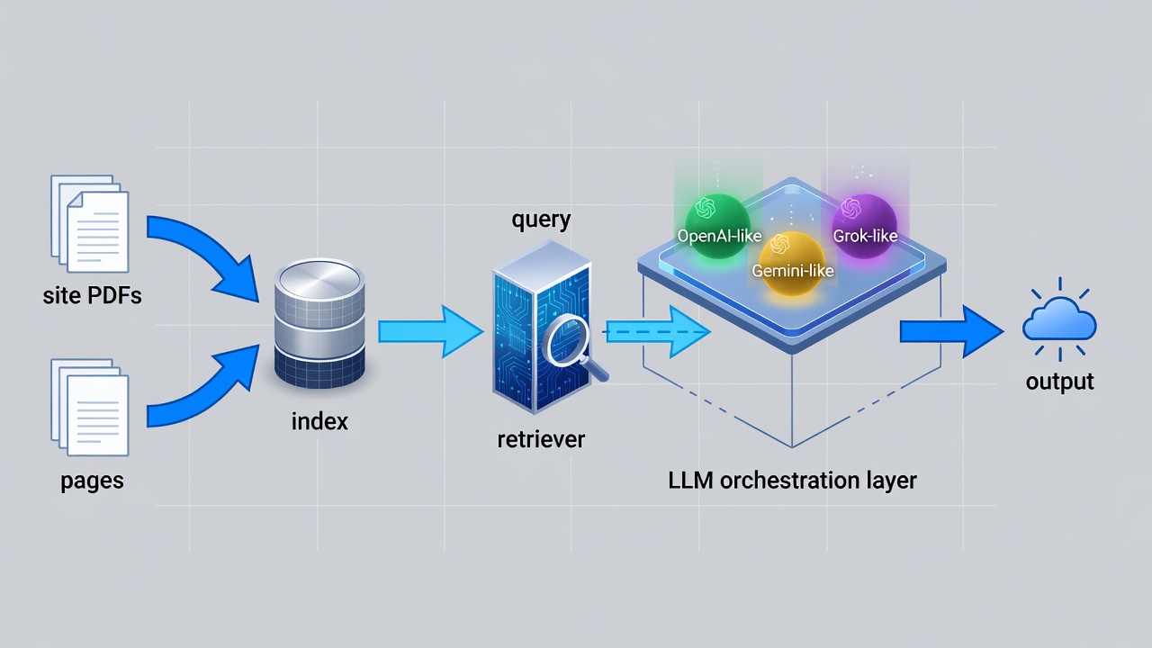Technical diagram showing the RAG retrieval pipeline inside WordPress: site PDFs and pages feeding into an index, then a query passing through the retriever before reaching the LLM orchestration layer with OpenAI, Gemini, and Grok options.
