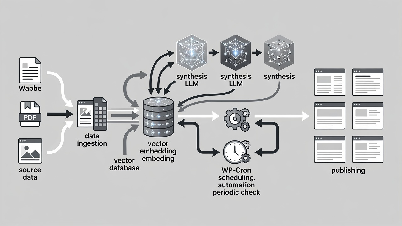 Technical diagram showing the RAG workflow in WordPress: data ingestion from pages/PDFs/images, embedding into vector store, multi-LLM synthesis, WP-Cron scheduling, and final page publishing grid