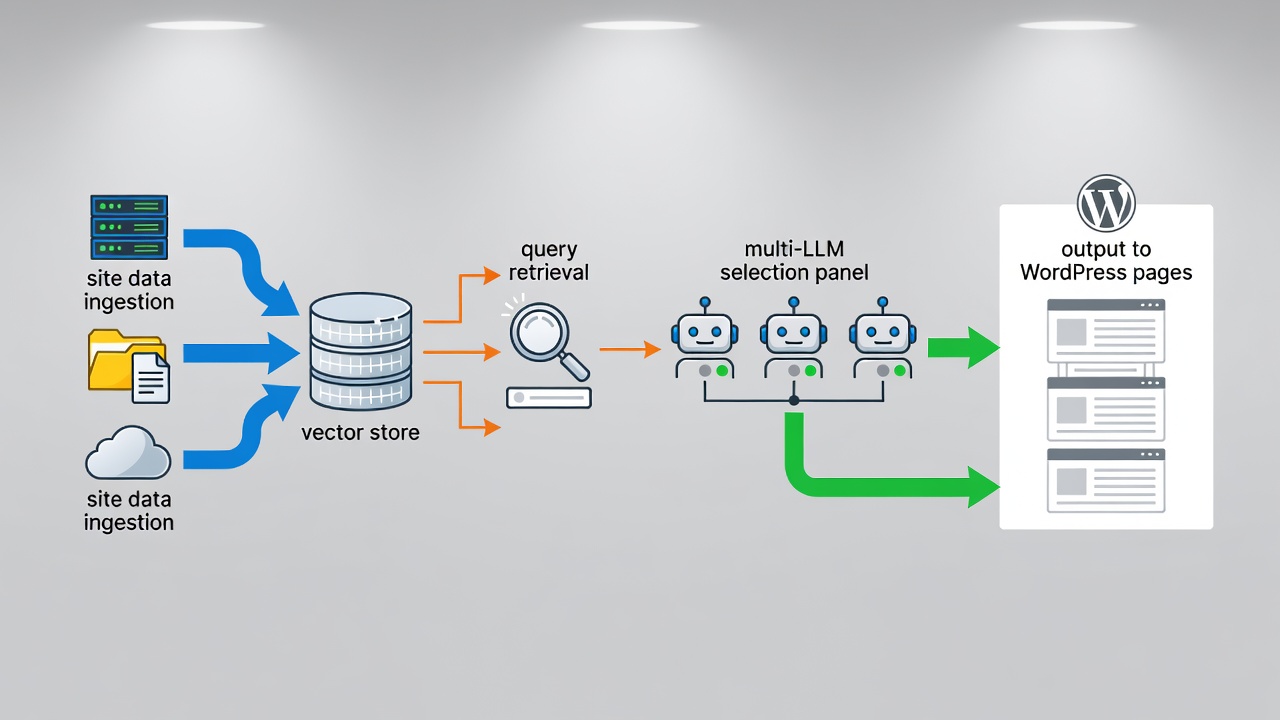 Technical diagram showing the RAG workflow: site data ingestion into vector store, query retrieval, multi-LLM selection panel, and output to WordPress pages.
