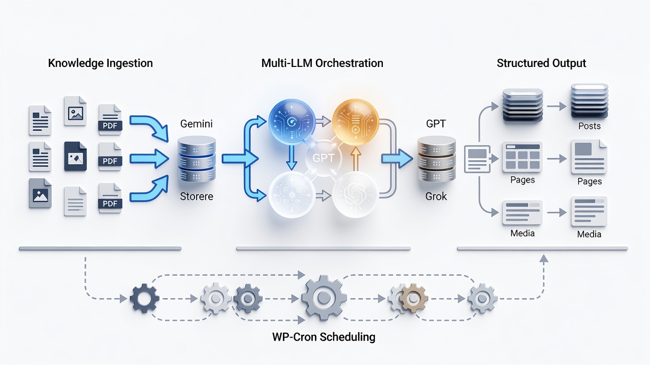 Technical diagram showing the three-layer RAG template flow in WordPress: Knowledge Ingestion from pages/PDFs/images feeding into Multi-LLM Orchestration with Gemini/GPT/Grok then structured output into custom post types with WP-Cron scheduling