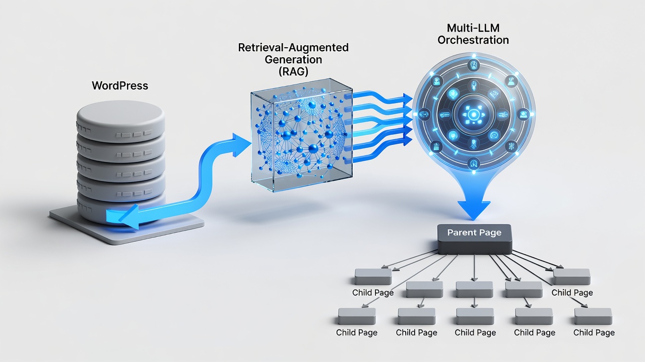 Technical diagram showing WordPress database feeding into RAG retrieval layer then multi-LLM orchestration resulting in published programmatic SEO pages with parent-child silo structure