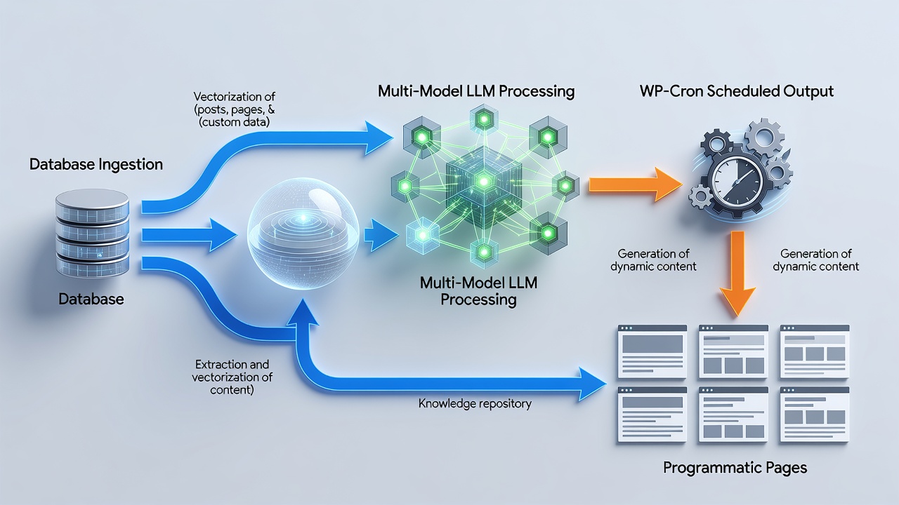 Technical diagram showing WordPress RAG template architecture with database ingestion flowing into multi-model LLM processing and WP-Cron scheduled output to programmatic pages