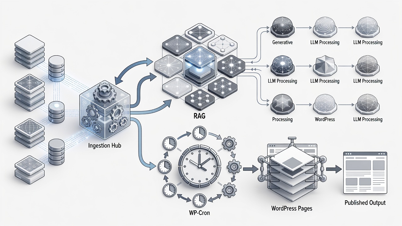 Technical flowchart showing dataset ingestion into WordPress RAG pipeline, multi-LLM routing, WP-Cron scheduling, and final page publishing steps