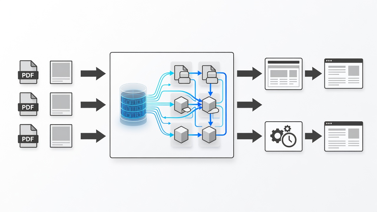 Clean technical diagram showing a flowchart of RAG-powered content pipeline from site PDFs and images through multi-LLM processing to published WordPress pages with WP-Cron scheduling