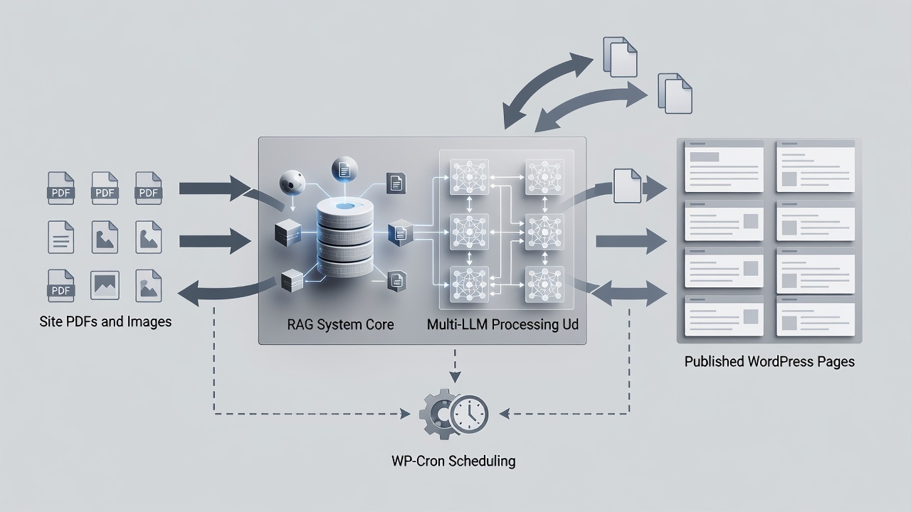 Clean technical diagram showing a flowchart of RAG-powered content pipeline from site PDFs and images through multi-LLM processing to published WordPress pages with WP-Cron scheduling