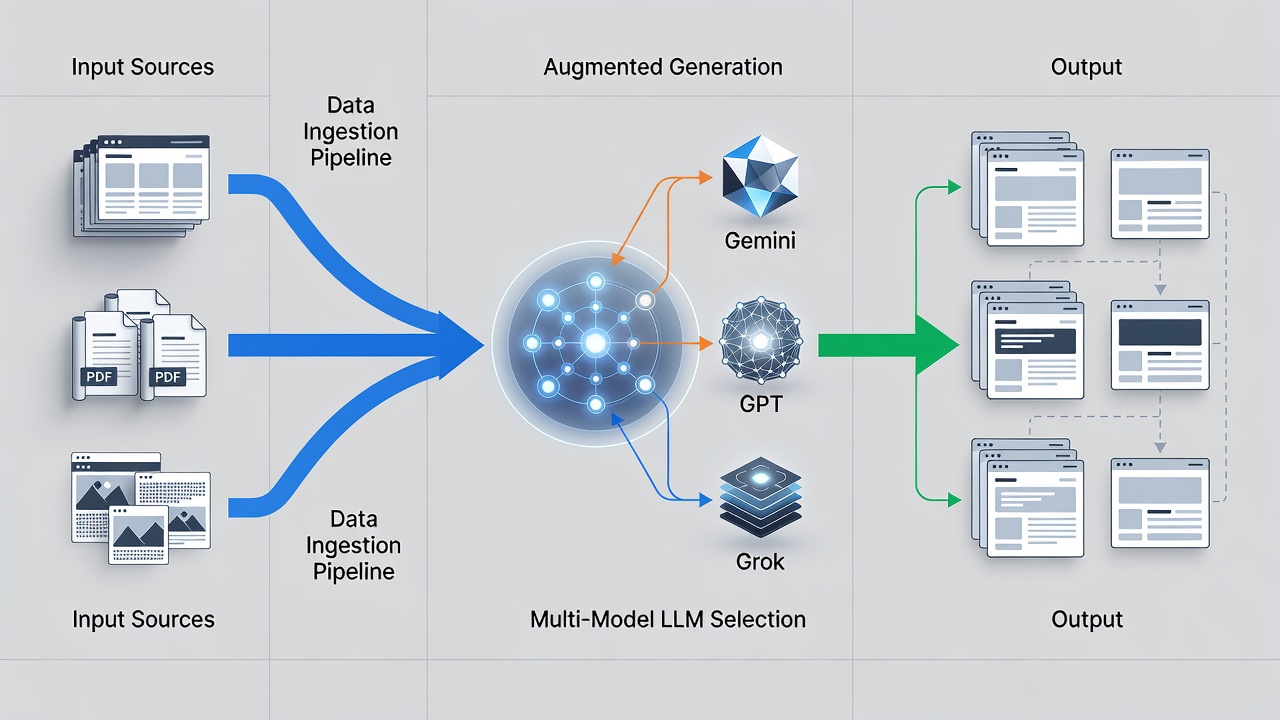 Clean technical diagram showing the RAG workflow in AIRAG pSEO Agent: input sources (pages, PDFs, images) feeding into multi-model LLM selection (Gemini, GPT, Grok), then output to scheduled WordPress programmatic pages
