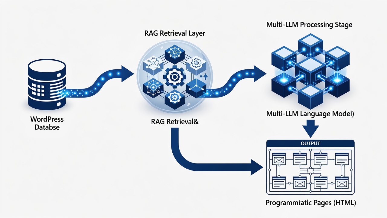 Clean technical flowchart diagram showing WordPress database feeding into RAG retrieval layer then multi-LLM processing and final structured HTML output for programmatic pages
