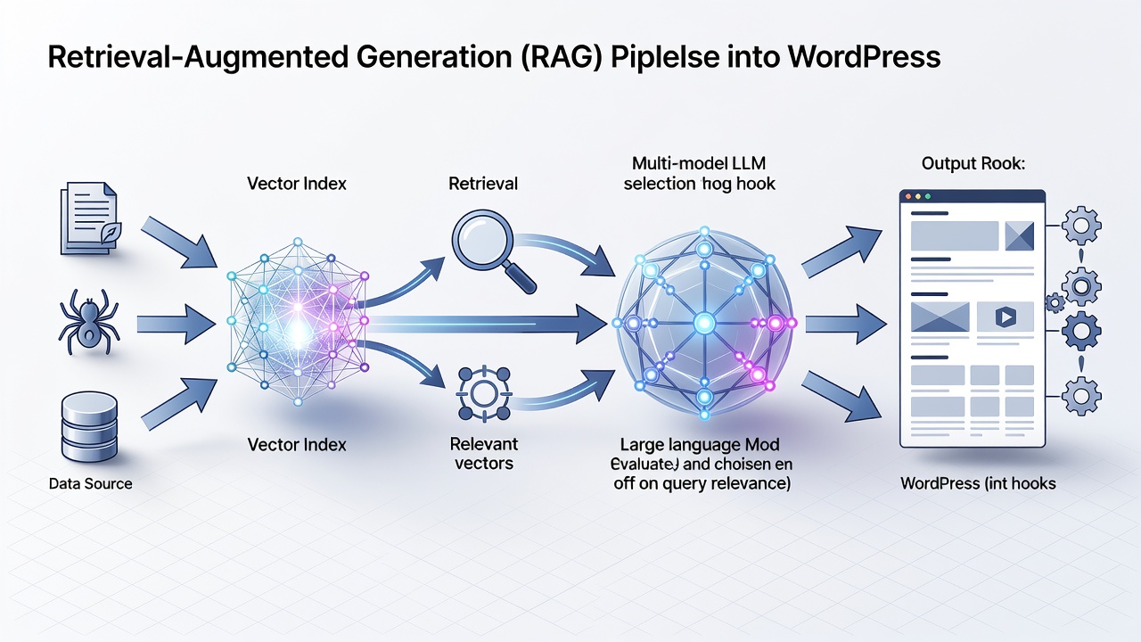 Detailed technical diagram showing the RAG pipeline in WordPress: data sources feeding into vector index, retrieval step, multi-model LLM selection, and final page output with WP hooks integration.